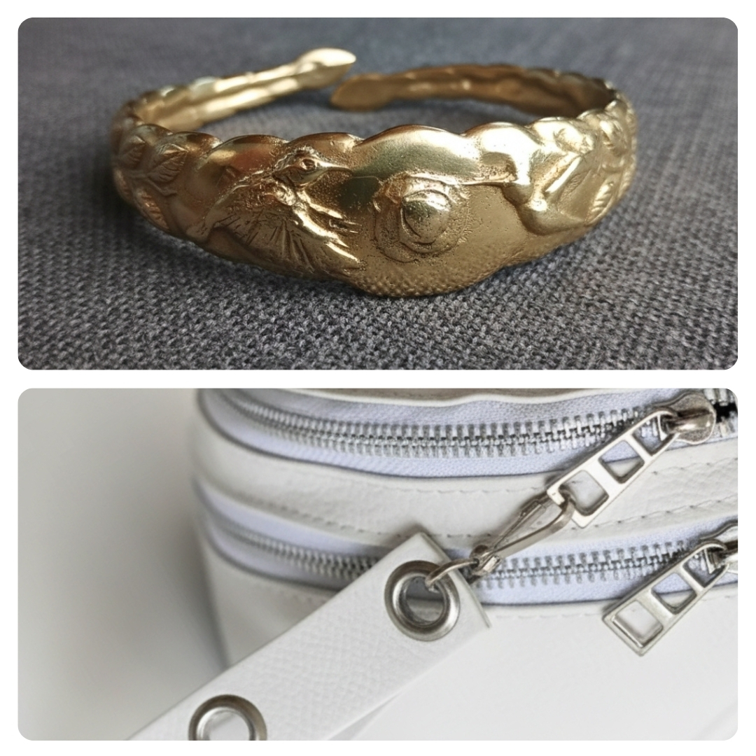 Mujer con riñonera blanca y brazalete en un entorno elegante